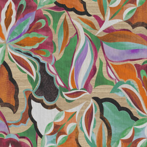 Vrolijk bloemmotief met kleurrijke abstracte bladvormen op een beige achtergrond uit de Arte Essentials Tangram Myriad 24100 collectie.