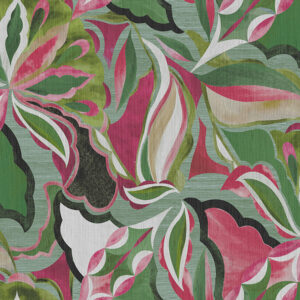 Abstract bloemmotief in groen, roze en wit uit de Arte Essentials Tangram Myriad-24101 collectie.