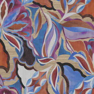 Abstract bloemenpatroon in levendige tinten blauw, paars, rood en beige uit de Arte Essentials Tangram Myriad 24102 collectie.