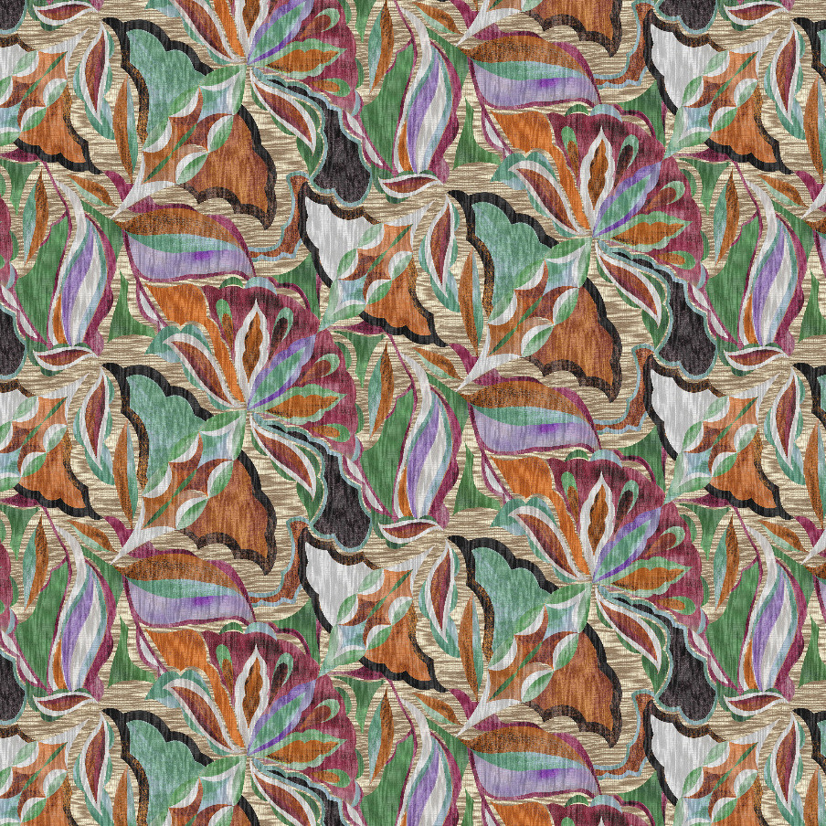 Herhalend patroon uit de Arte Essentials Tangram Myriad 2410o collectie met abstracte, kleurrijke bloem- en bladvormen in groen, oranje, paars en beige.