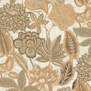 Gedetailleerd bloem- en bladdessin in aardetinten uit de Arte Fiori Antichi Gitane behangcollectie.