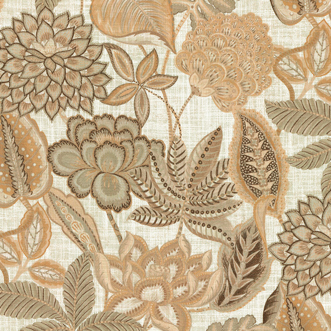 Gedetailleerd bloem- en bladdessin in aardetinten uit de Arte Fiori Antichi Gitane behangcollectie.