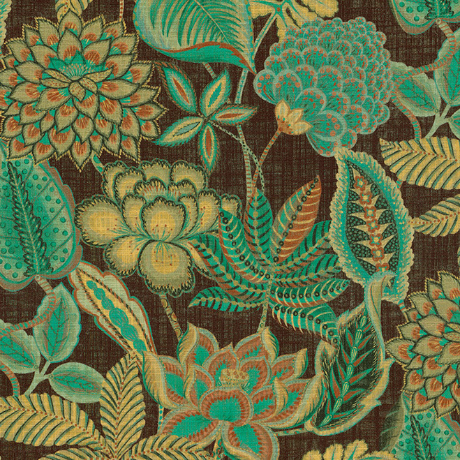 Gedetailleerd Arte Fiori Antichi behang met kleurrijke bloemen en bladeren op een donkere achtergrond.