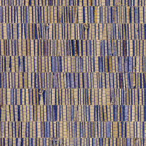 Alt-tekst: Behangpatroon Arte Fringe 40322 met een geweven structuur van rechthoekige blokjes in blauw- en goudtinten.