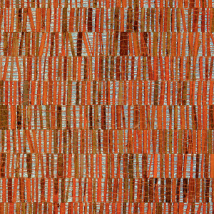 Alt-tekst: Oranje en bruin Arte Fringe behang met een patroon van verticale en horizontale strepen.