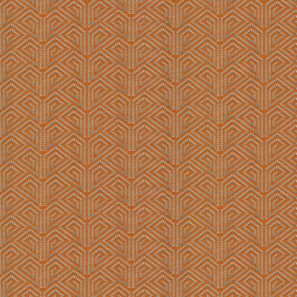 Oranje behang met een geometrisch patroon van gestileerde vleugelvormen uit de Arte Icarus Alata collectie.
