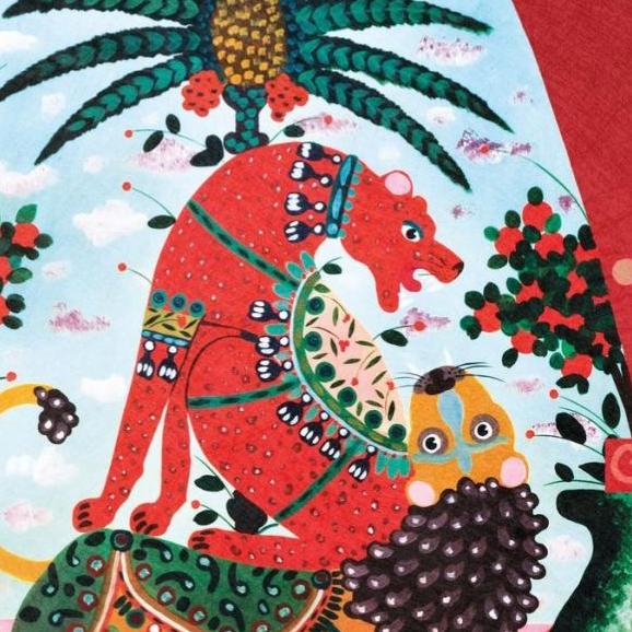 Kleurrijke illustratie van een rood mythisch wezen uit de Arte-Icarus_Armalu_15750-Rosso collectie, leunend op een gestileerde leeuw tussen palmbomen en bloemen.