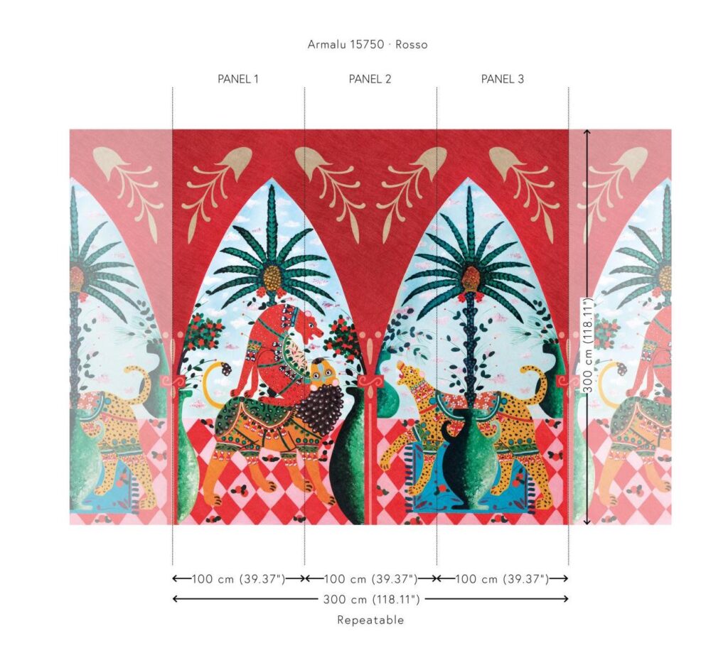 Decoratief behangpatroon "Armalu 15750" met kleurrijke fantasiedieren, palmbomen en symmetrische panelen op een rode achtergrond.