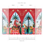 Decoratief behangpatroon "Armalu 15750" met kleurrijke fantasiedieren, palmbomen en symmetrische panelen op een rode achtergrond.