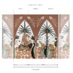 Decoratief patroon uit de Arte Icarus Armalu 15751 collectie met gestileerde dieren, palmbomen en ornamenten in warme bronstinten, verdeeld over drie herhaalbare panelen.