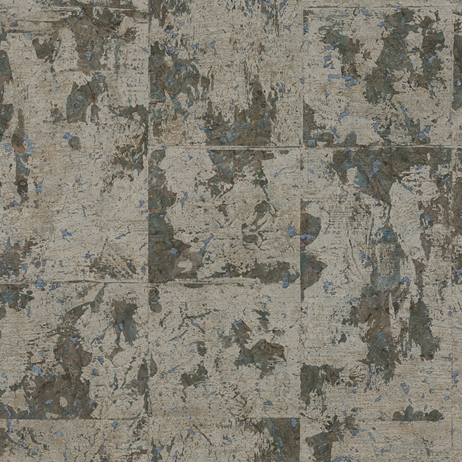 Behang met abstract bosmotief in aardetinten en blauwe accenten uit de Arte International Éclat Les Forêts collectie.