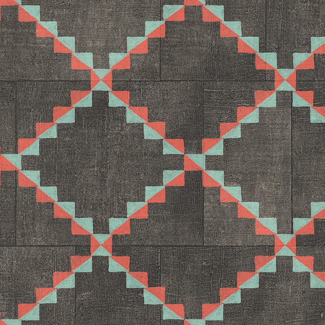 Donker Arte Janela behang uit de Gitane collectie met een geometrisch patroon van rode en turquoise driehoeken in een ruitvormig ontwerp.
