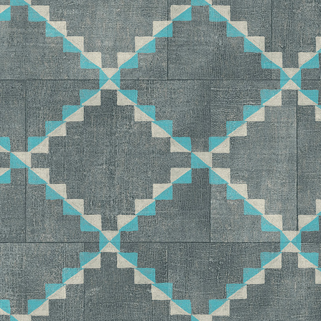 Grijsblauw Arte Janela behang uit de Gitane collectie met een geometrisch patroon in turquoise en wit.