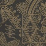 Decoratief patroon van goudkleurige geometrische en florale lijnen op een donkere achtergrond uit de Arte Joie 30811 collectie.