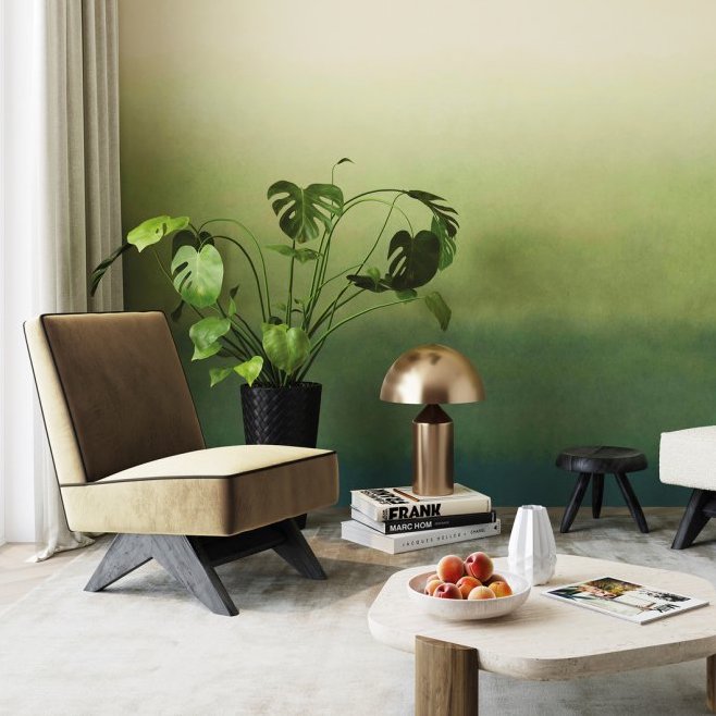 Stijlvol interieur met het Arte Joy Zenitude JOY81-behang in groenverloop, moderne meubels en kamerplant.