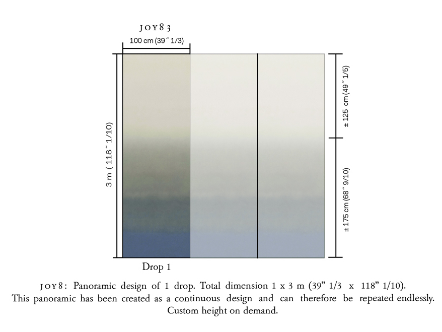 Patroon JOY83 van Arte-Joy Zenitude met een subtiele, verloopachtige kleurverdeling over een panoramisch wandpaneel van 1 x 3 meter.