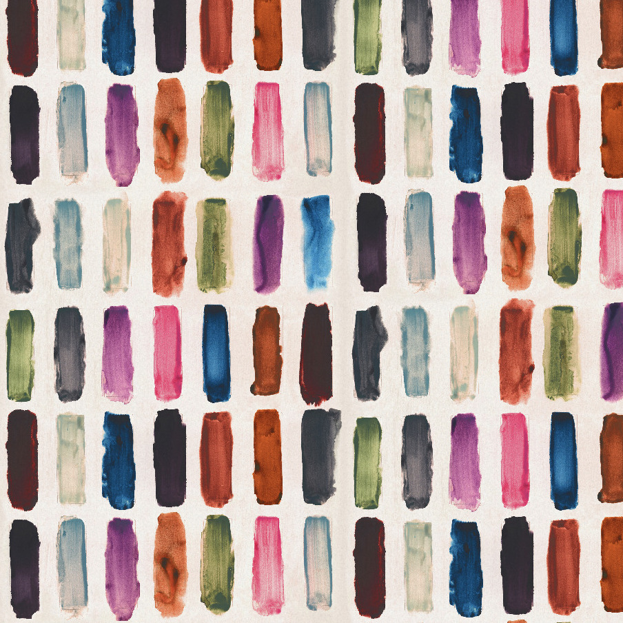 Herhalend patroon van kleurrijke, verticale penseelstreken op een lichte achtergrond uit het Arte Joy Zest JOY71 behang.