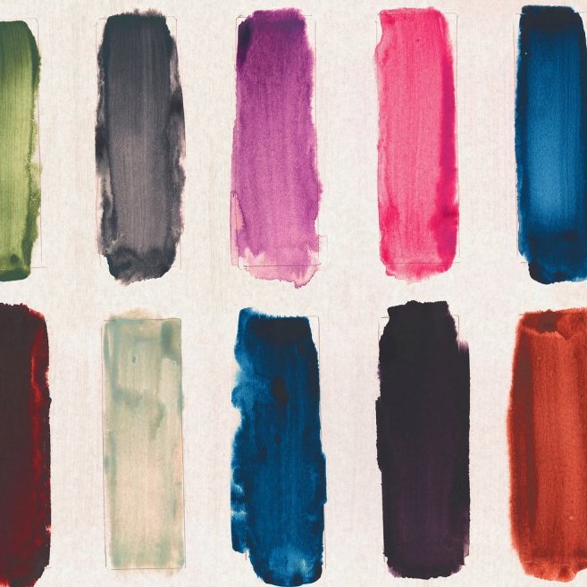 Tien verticale verfstreken in verschillende felle kleuren op het Arte-Joy Zest JOY71-behang.