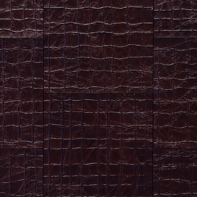 Donkerbruin wandpaneel met een glanzende, reptielachtige lederstructuur uit de Arte Kharga Tenere-collectie.