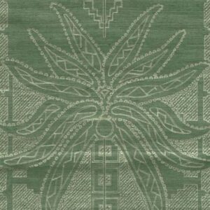 Groen wandbekledingspatroon met een gestileerde palmboom in de kleur Silver Pine uit de Arte Marquesa Fenua collectie.