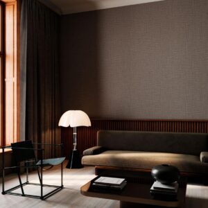 Sfeervol interieur met Arte Merino Lana 63508 wandbekleding, een designbank, moderne verlichting en minimalistische meubelen.