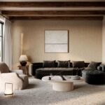 Modern ingerichte woonkamer met Arte Merino Montagna 63527 behang, een donker fluwelen bank en een design salontafel.