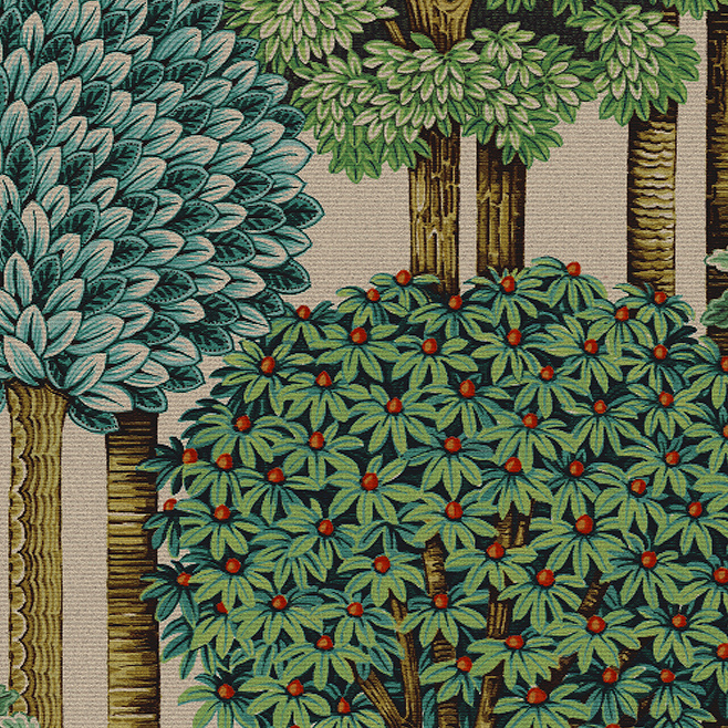 Gedetailleerde illustratie van bomen en struiken met rode bessen uit de Arte MontRoyal 97700 behangcollectie.