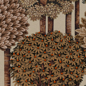 Decoratief behang uit de Arte MontRoyal 97701 collectie met gestileerde bomen en bladeren in aardetinten.