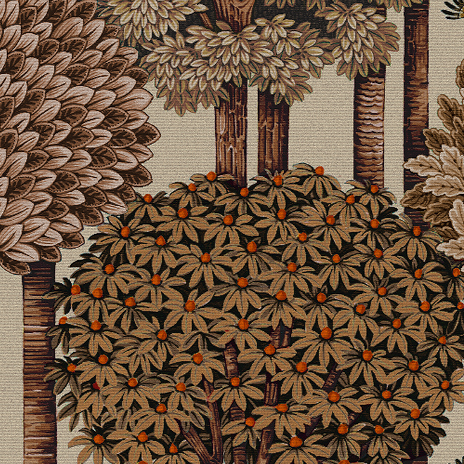 Decoratief behang uit de Arte MontRoyal 97701 collectie met gestileerde bomen en bladeren in aardetinten.
