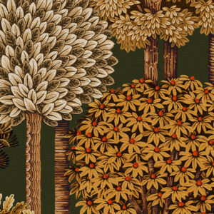 Decoratief behang uit de Arte Mont Royal-collectie met gestileerde bomen en bloemen in warme aardetinten op een donkergroene achtergrond.