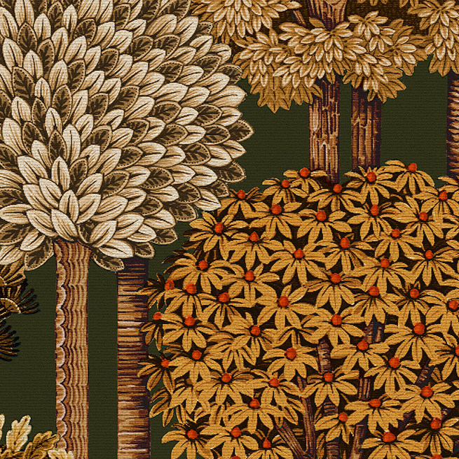 Decoratief behang uit de Arte Mont Royal-collectie met gestileerde bomen en bloemen in warme aardetinten op een donkergroene achtergrond.