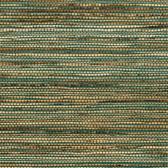Close-up van het geweven Arte Sambe behang 54551 met natuurlijke tinten groen, bruin en beige.