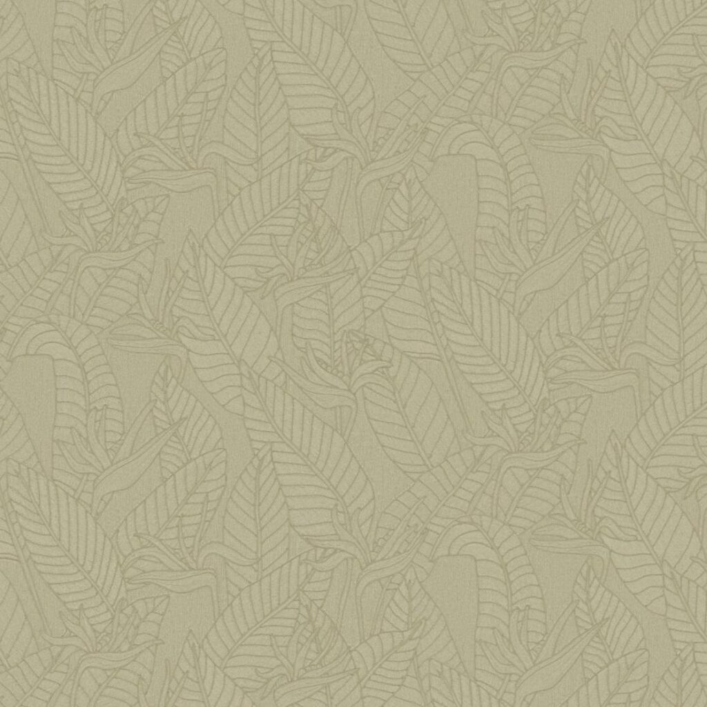Beige patroon met gestileerde bladeren en strelitzia-bloemen in een subtiele, ton-sur-ton uitvoering.
