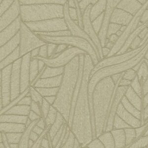 Olijfgroene textuur met ingeweven Strelitzia-blad- en bloemmotief uit de Arte Tali collectie.