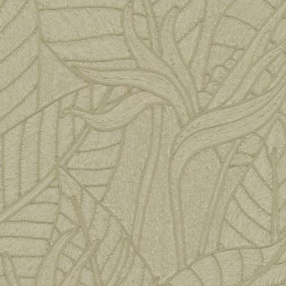 Olijfgroene textuur met ingeweven Strelitzia-blad- en bloemmotief uit de Arte Tali collectie.