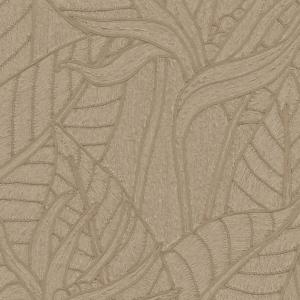 Beige behang met een reliëfpatroon van Strelitzia-bladeren uit de Arte Tali collectie.