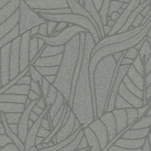 Grijze behangprint met gestileerde bladeren en Strelitzia-bloemmotief uit de Arte Tali-collectie.