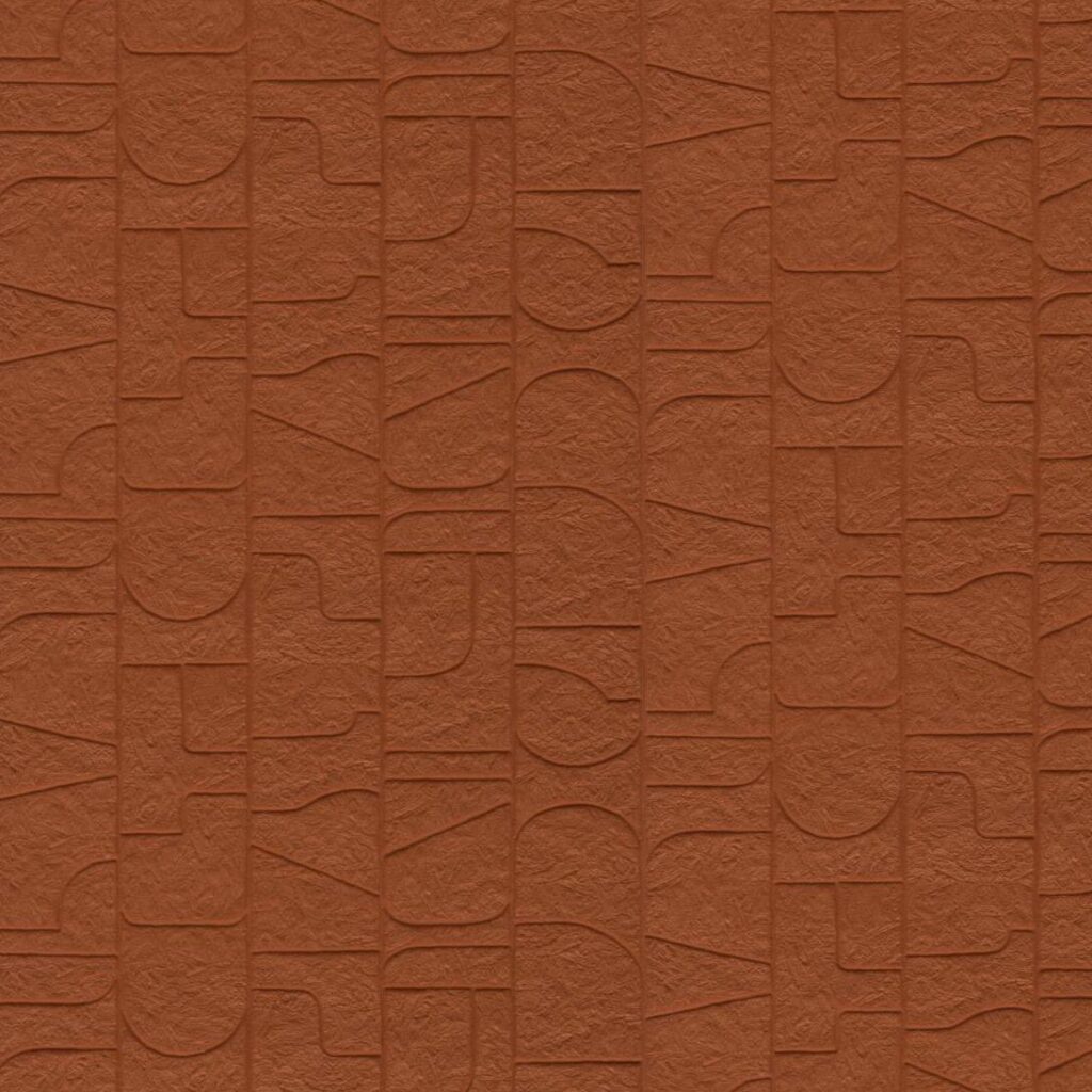 Reliëfpatroon in terracotta kleur met abstracte geometrische vormen uit de Arte Terra Arcane 23914 collectie.
