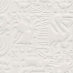 Reliëfbehang met abstracte vormen en motieven geïnspireerd op de Chimu-cultuur in een egaal witte tint.