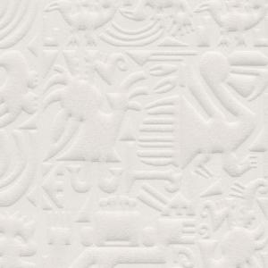 Reliëfbehang met abstracte vormen en motieven geïnspireerd op de Chimu-cultuur in een egaal witte tint.