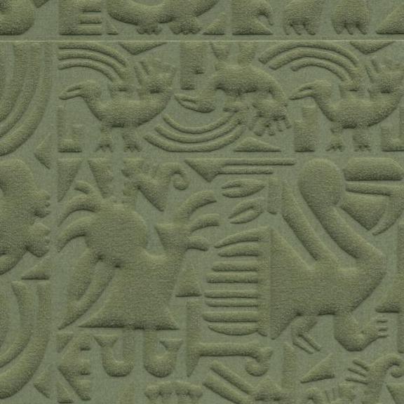 Reliëfstructuur in olijfgroene tint met Chimu-geïnspireerde afbeeldingen van dieren, mensen en symbolen.
