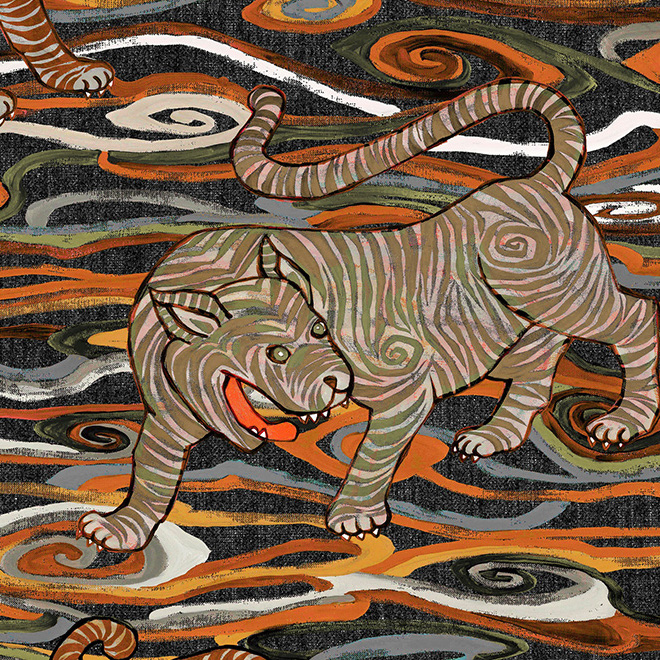 Illustratieve tijger met gekrulde strepen op kleurrijk, golvend Arte Tigris behang uit de Gitane collectie.