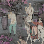 Illustratie in traditionele stijl van de behangcollectie "Arte Toile de Tibet", met mensen, paarden en waterdragers in een bergachtig landschap met bloeiende bomen.