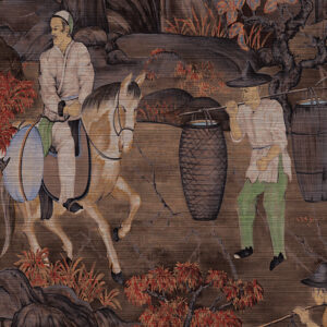 Traditionele Tibetaanse scène met een man te paard en een andere man die manden draagt, afgebeeld op het Arte Toile de Tibet panoramische behang.