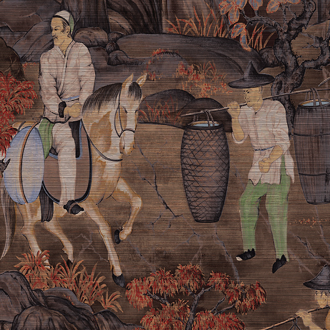 Traditionele Tibetaanse scène met een man te paard en een andere man die manden draagt, afgebeeld op het Arte Toile de Tibet panoramische behang.