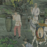 Muurschildering in Aziatische stijl uit de Arte Toile de Tibet collectie, met mannen die goederen dragen en een paard begeleiden in een groen landschap.
