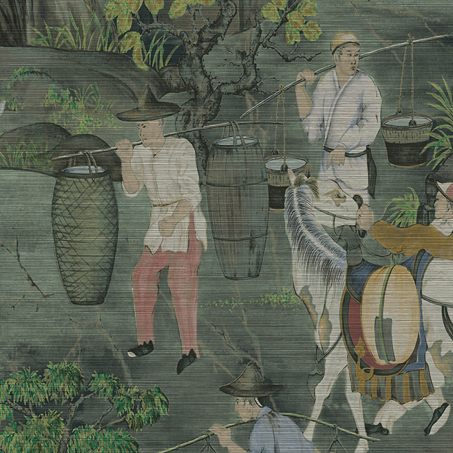 Muurschildering in Aziatische stijl uit de Arte Toile de Tibet collectie, met mannen die goederen dragen en een paard begeleiden in een groen landschap.