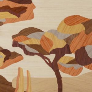 Gestileerde illustratie van een boom onder een sycamoreboom in warme aardetinten.