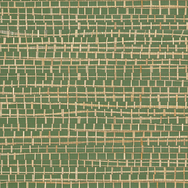 Groen Arte behang uit de Ajoura Palmier Les Forêts collectie met een geweven patroon van horizontale en verticale stroken.