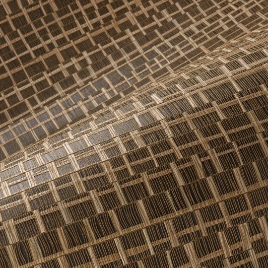 Close-up van Arte behang Ajoura 48071 Oak met een geweven, grafisch patroon in natuurlijke bruintinten.